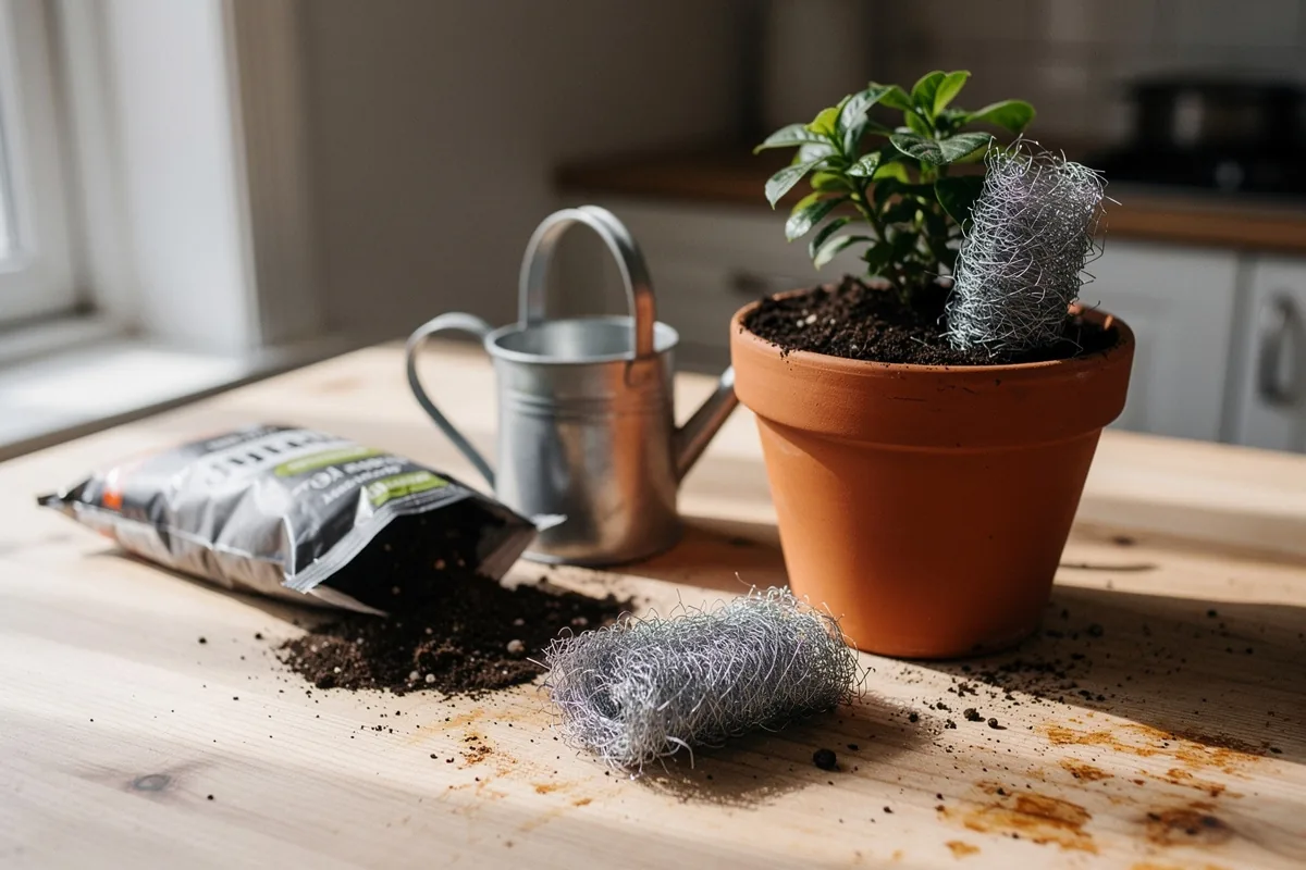 Een staalwol-spons in de potgrond: waarom dit wordt aangeraden en waar het goed voor is